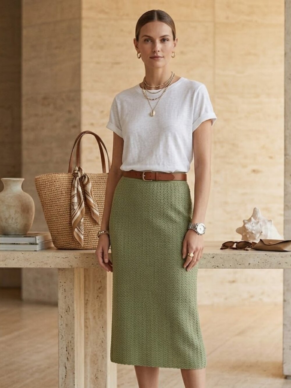 MARLED Textured Woven Knit Olive Green Midi Skirt Quiet Luxury Minimalist Boho M